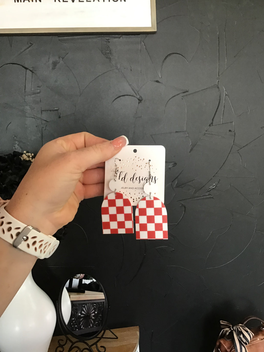 Red & White Checkered Dangle Earring