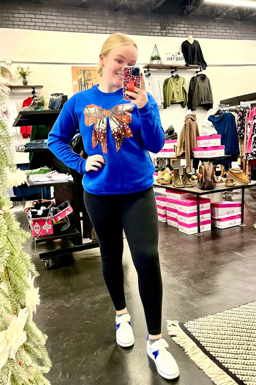 Blue Basketball Bow Faux Glitter Sweatshirt