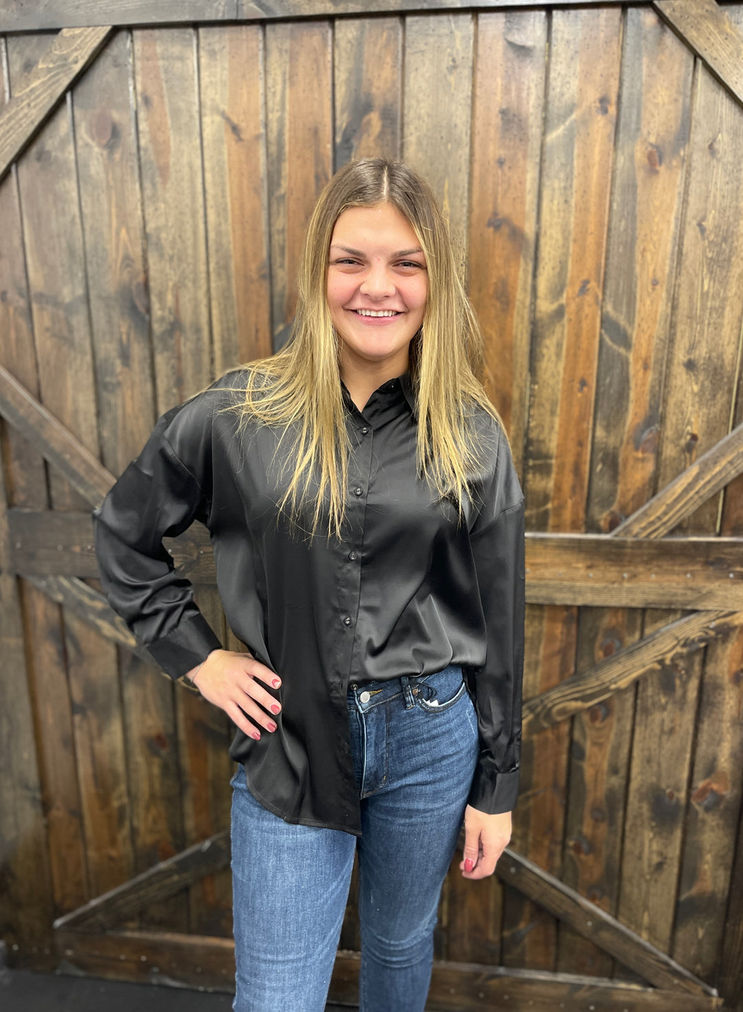 Black Satin Button Up Top