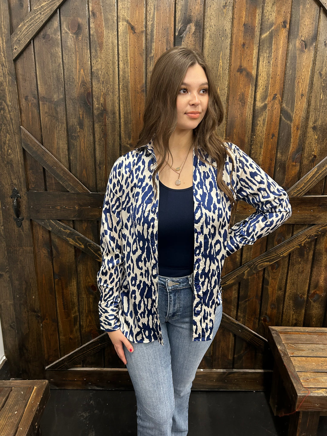 Navy Mix Cheetah Button Up