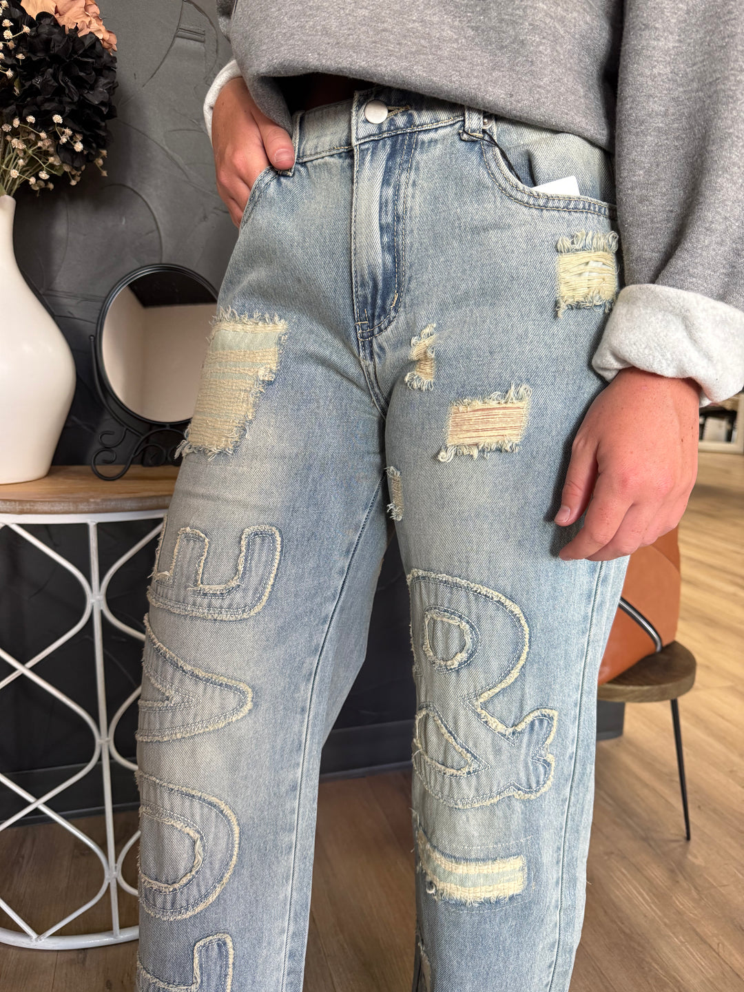 Washed Love Letter Patched Jeans