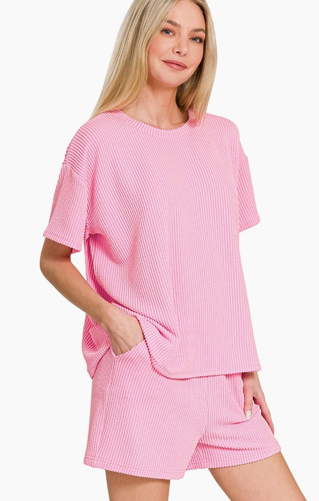 Pink Ribbed Short Set