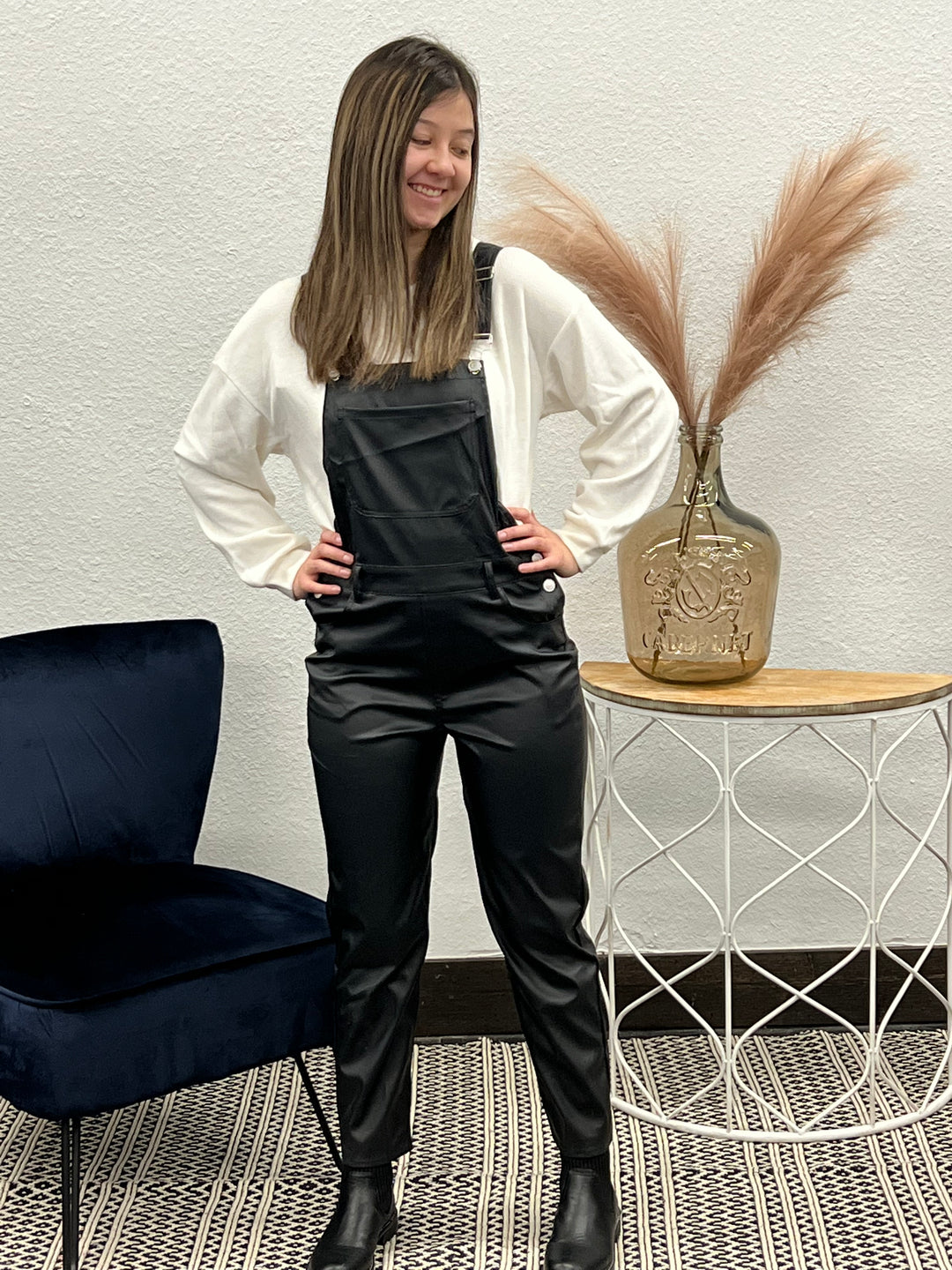 Black Pleather Overalls