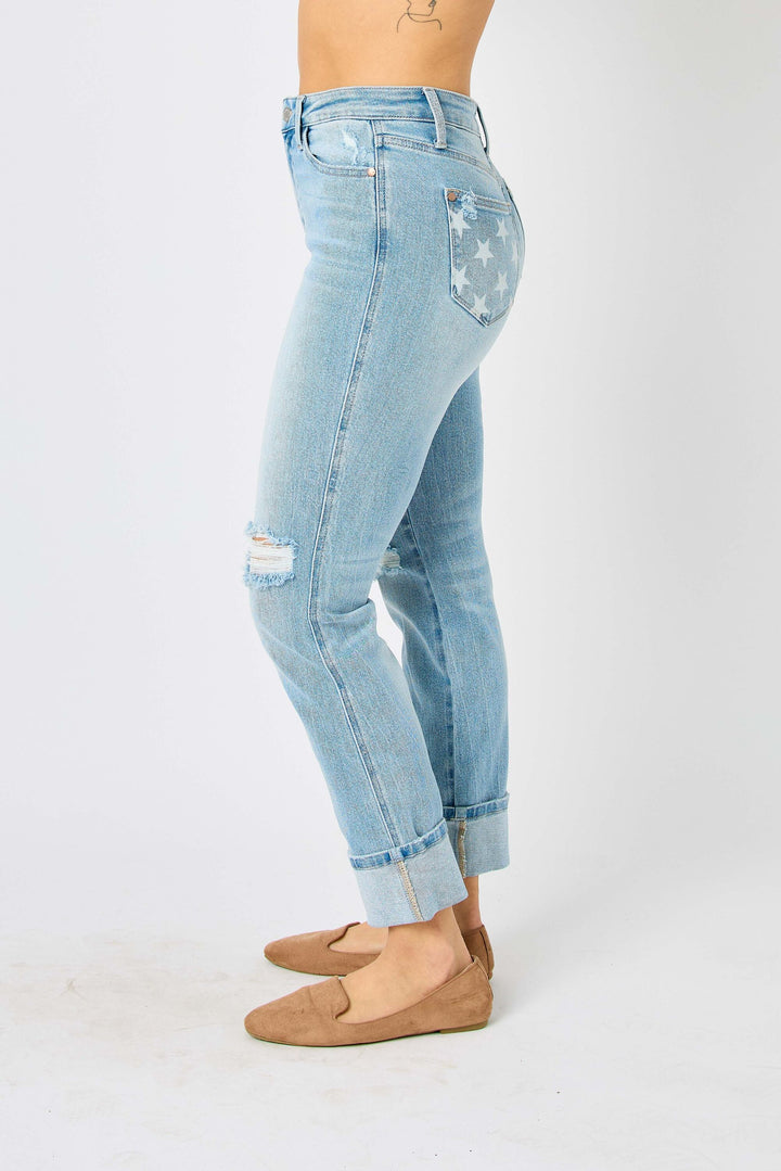 Boyfriend Mid Rise Star Pocket Jeans- Judy Blue