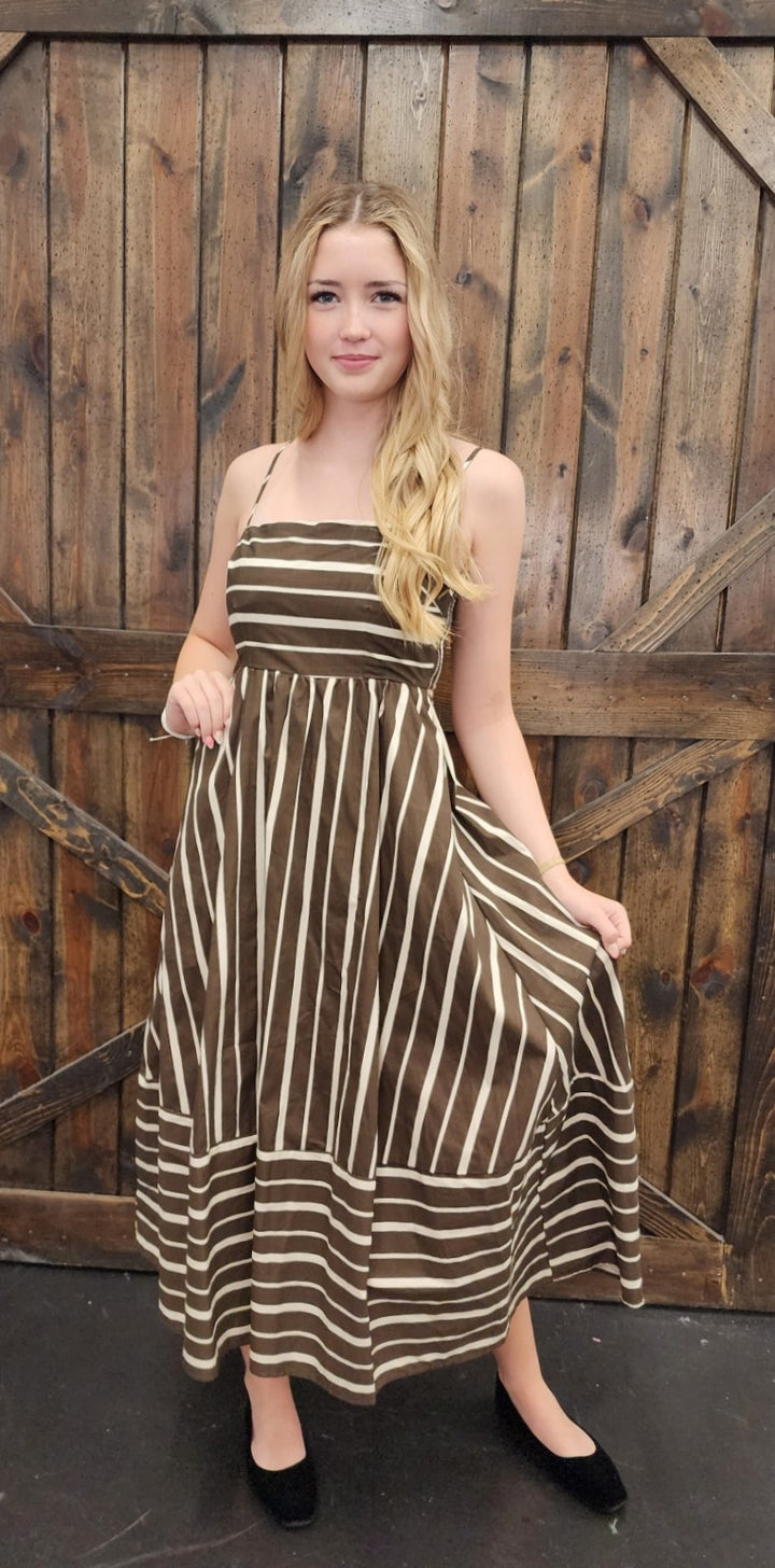 Brown Striped Midi Dress