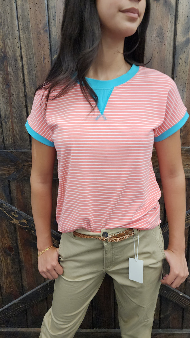 Coral/Teal Striped S/S