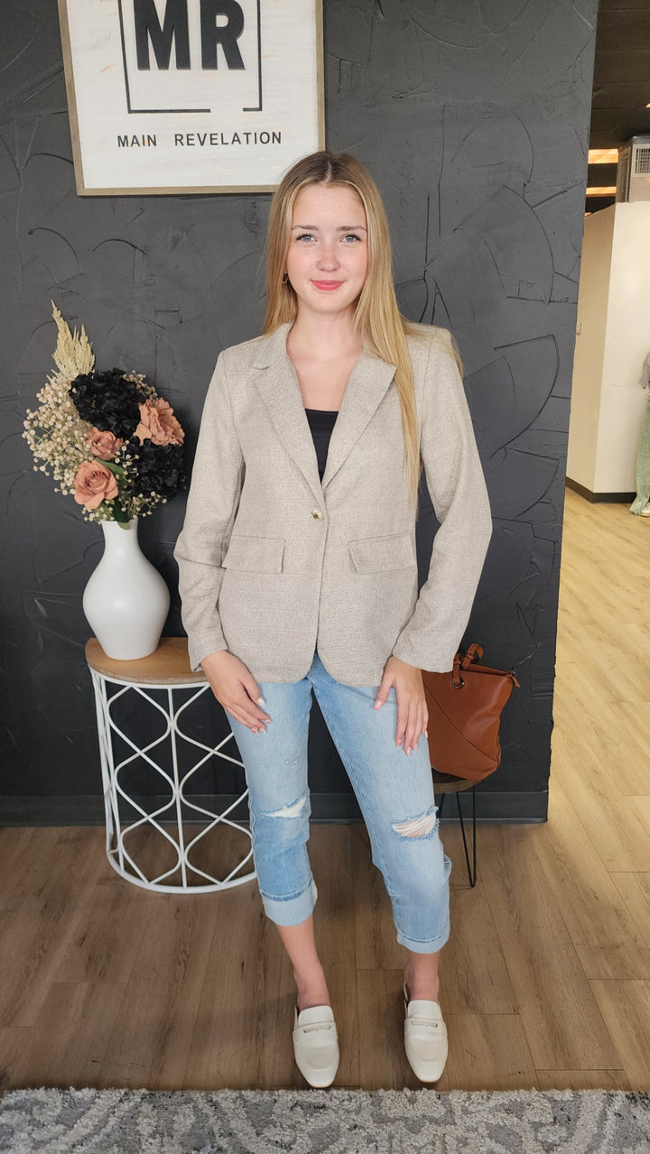 Khaki Button Open Front Blazer