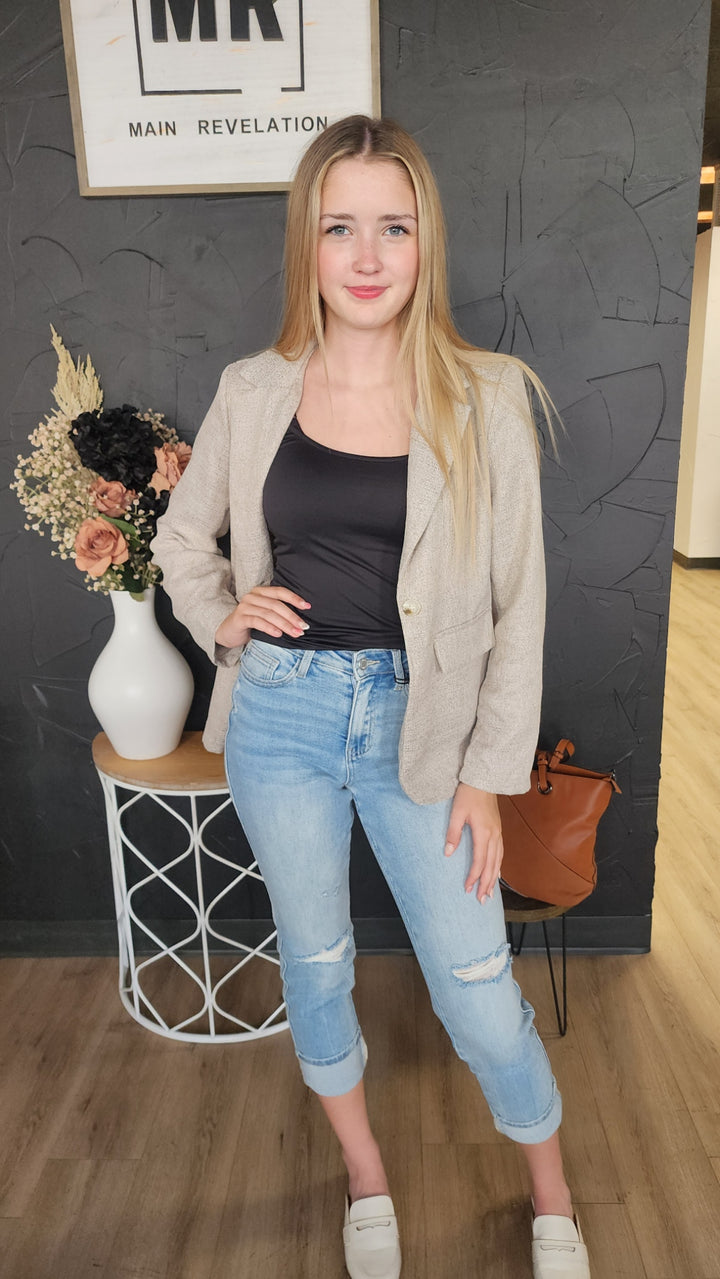 Khaki Button Open Front Blazer