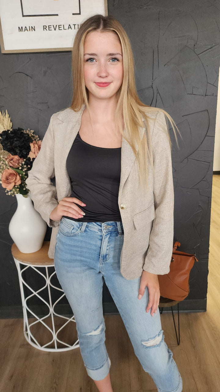Khaki Button Open Front Blazer