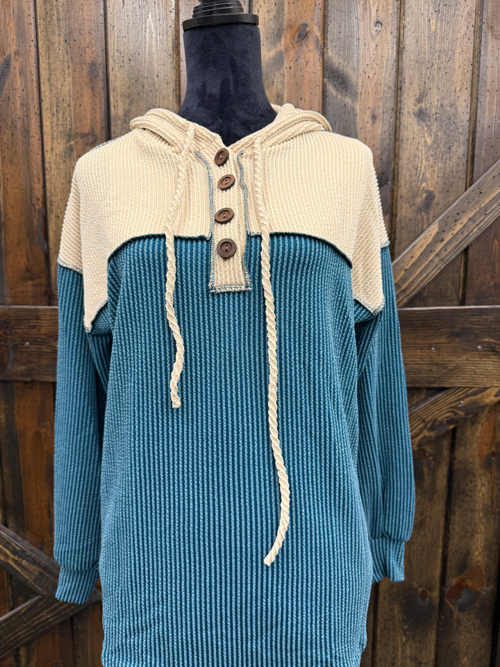 Teal Ribbed Hooded L/S