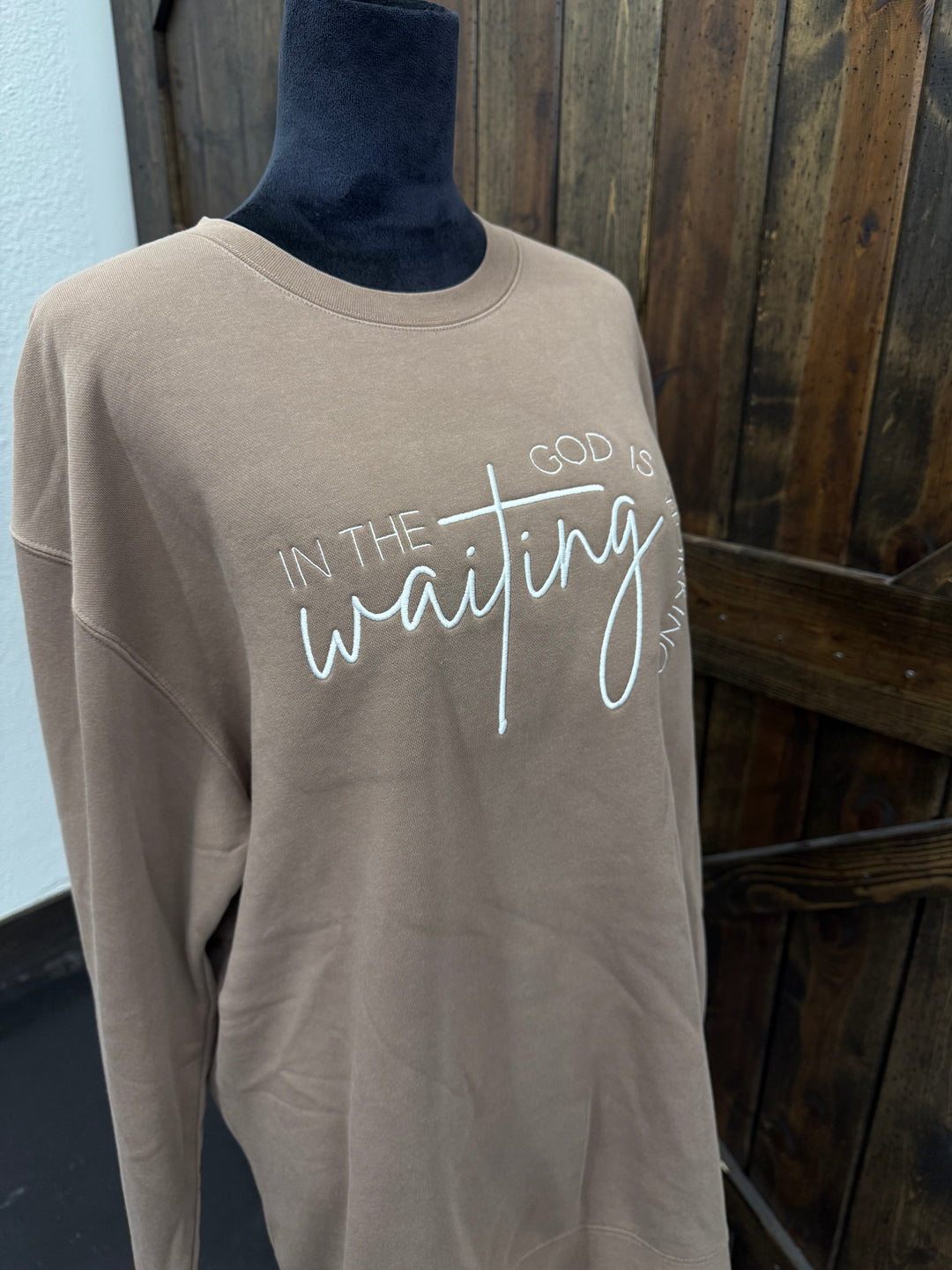 Brown "In The Waiting, God Is Working" Embroidered Crew