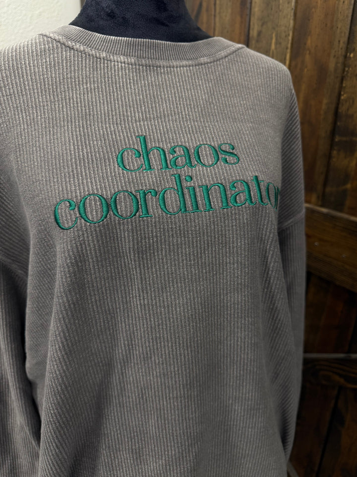 "Chaos Coordinator" Embroidered Ribbed Crewneck