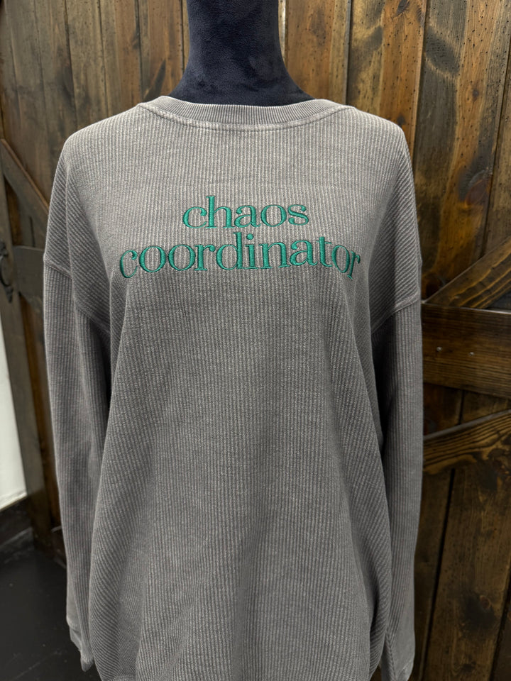 "Chaos Coordinator" Embroidered Ribbed Crewneck