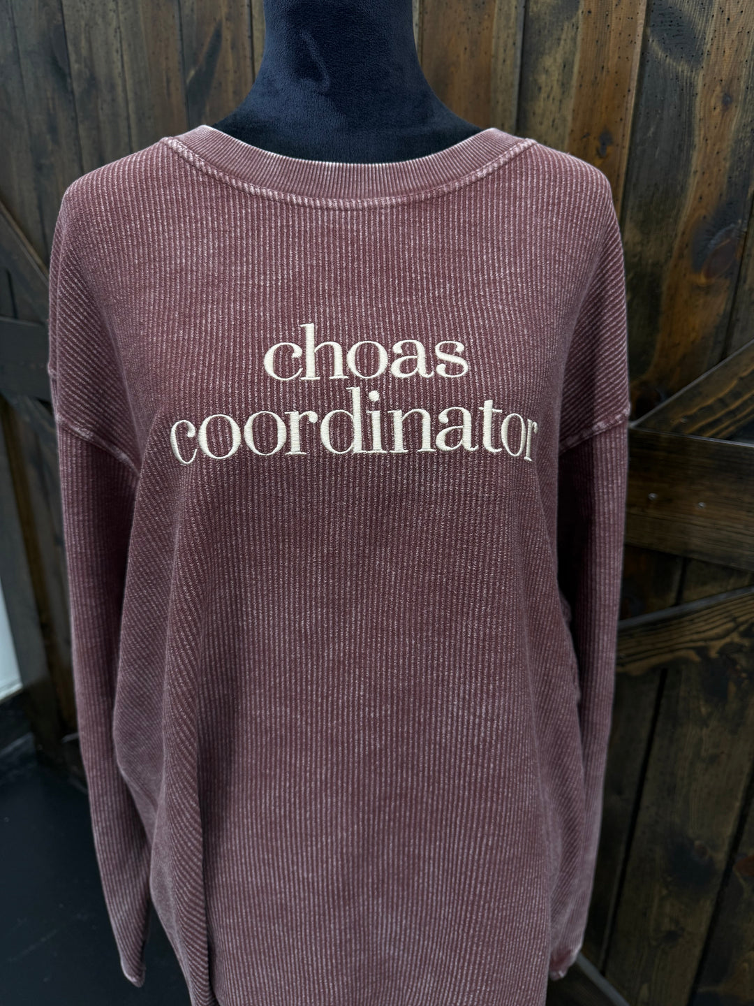"Chaos Coordinator" Embroidered Ribbed Crewneck