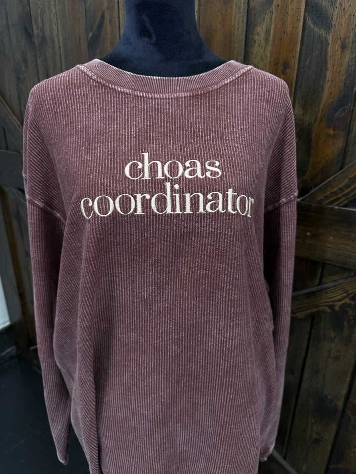 "Chaos Coordinator" Embroidered Ribbed Crewneck