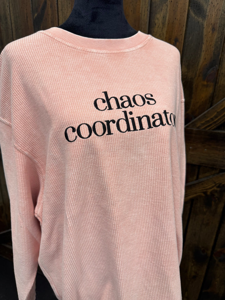 "Chaos Coordinator" Embroidered Ribbed Crewneck