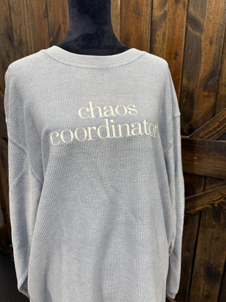 "Chaos Coordinator" Embroidered Ribbed Crewneck