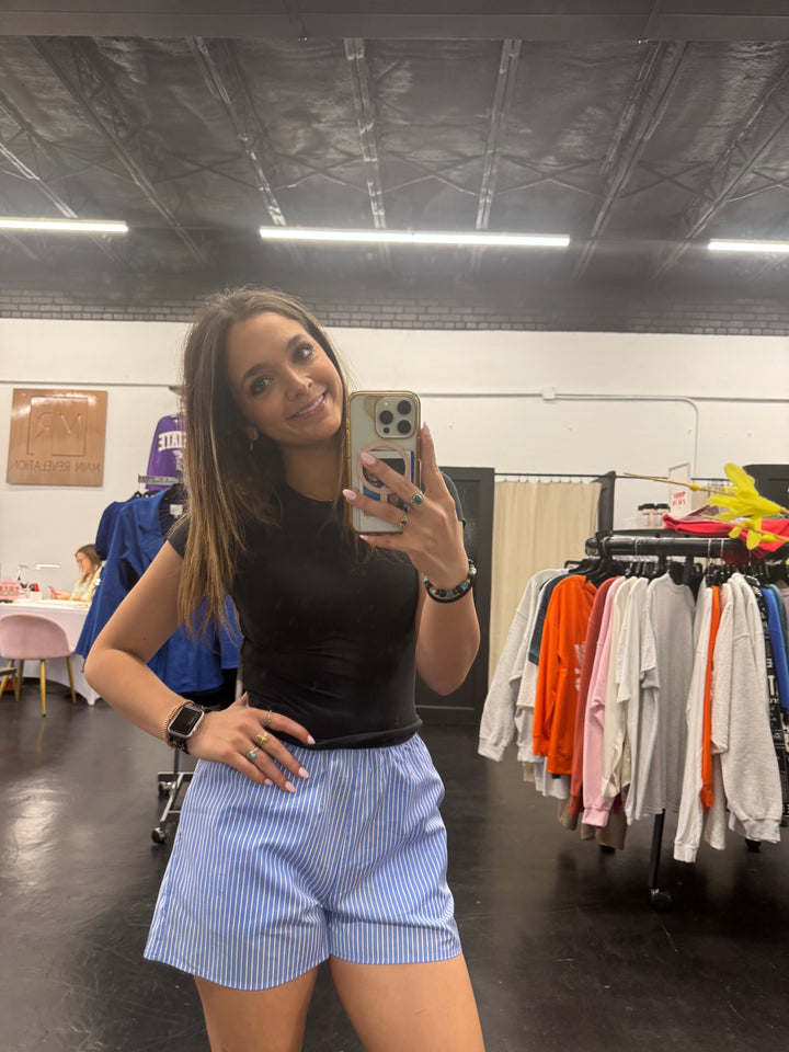 Blue Striped Poplin Shorts