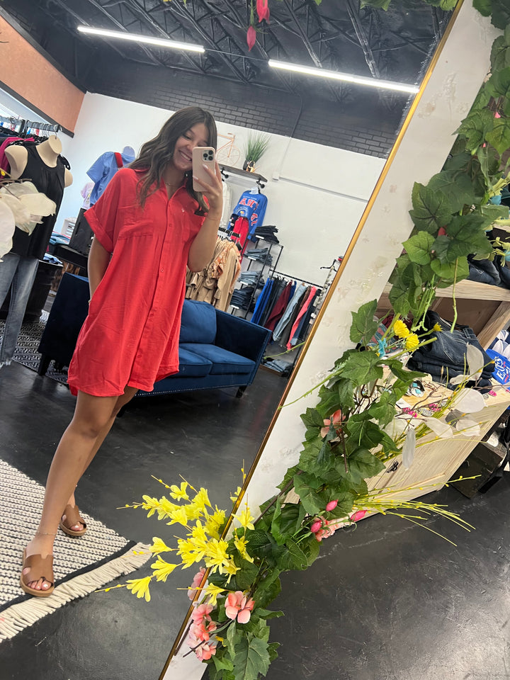 Coral Button Up Shirt Dress w/ Pockets