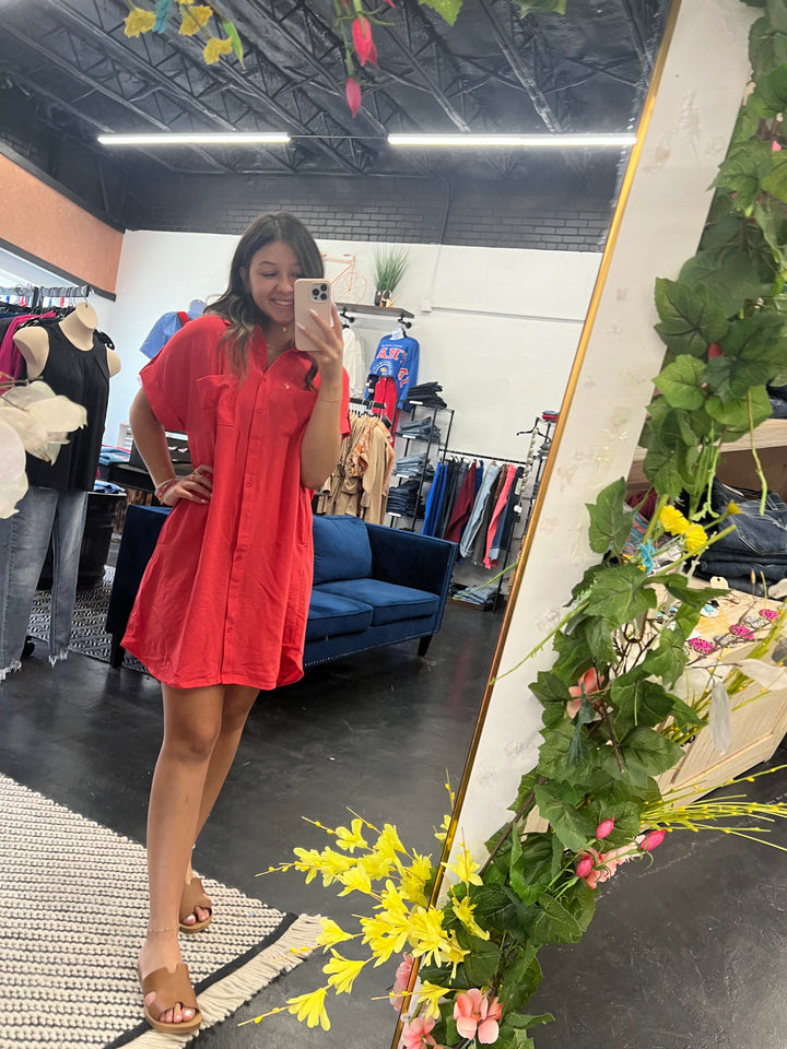 Coral Button Up Shirt Dress w/ Pockets