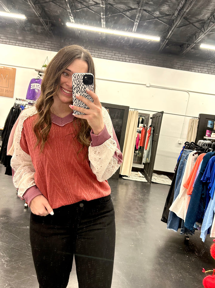 Cable Knit Top with Lace Detail L/S