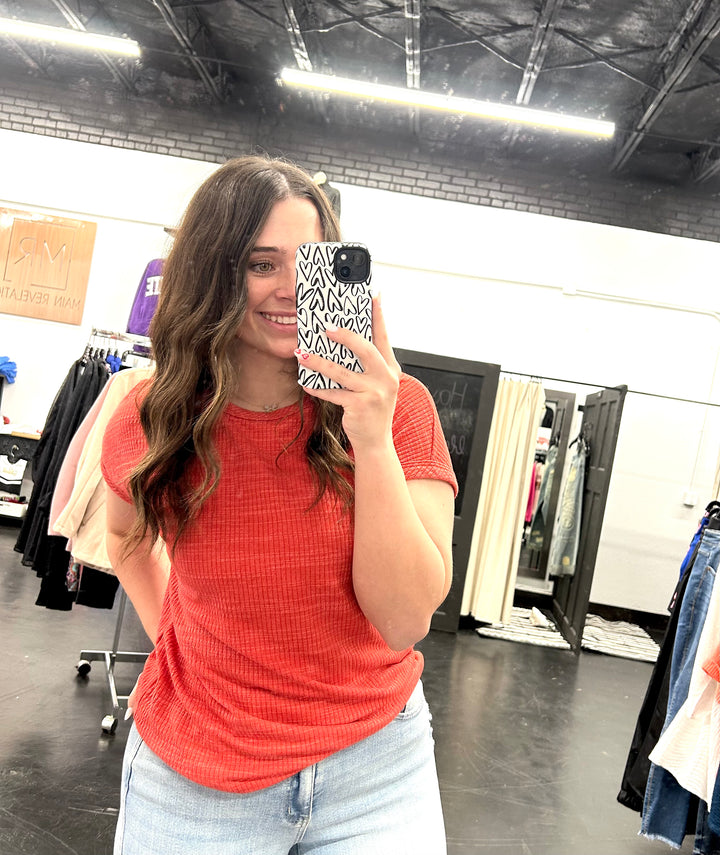 Red Textured Knit S/S Top