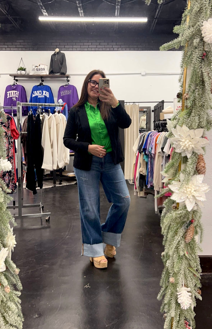 Green Satin Button Up