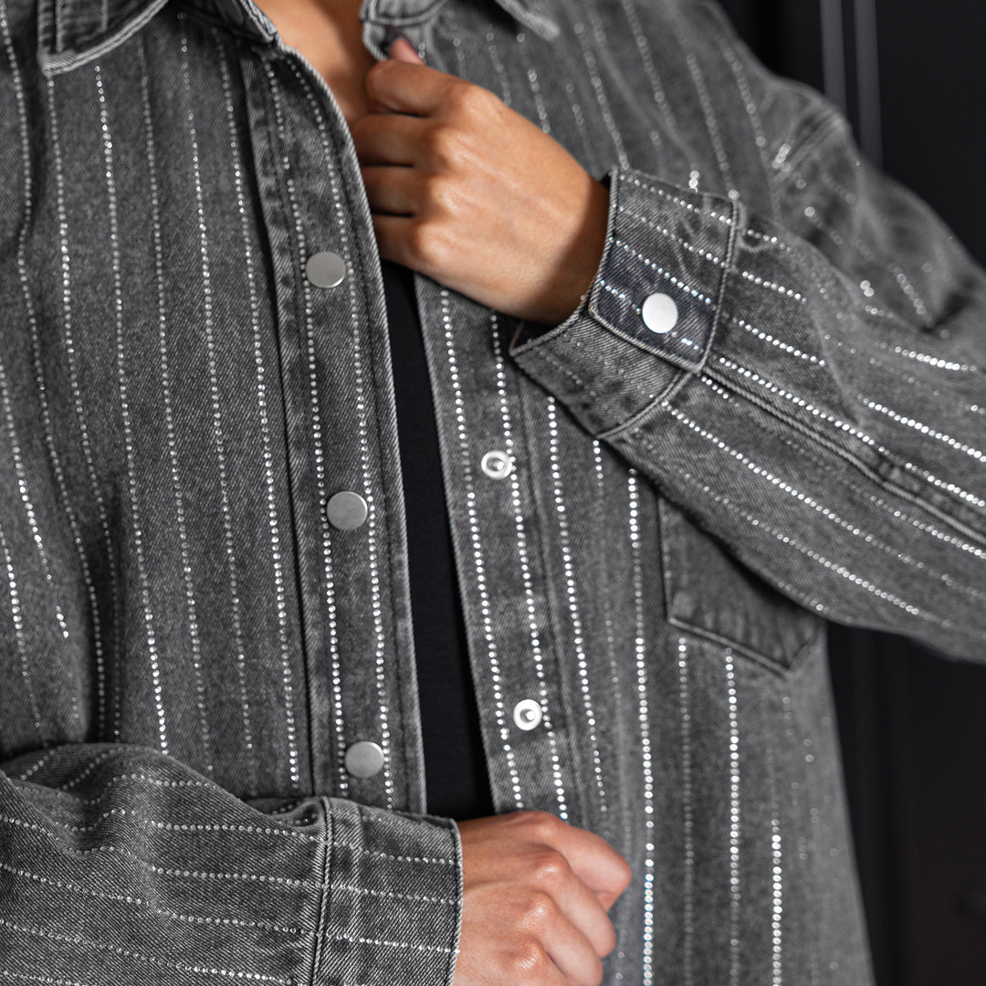 Kansas Jayhawks Micro Rhinestone Stripe Denim Overshirt