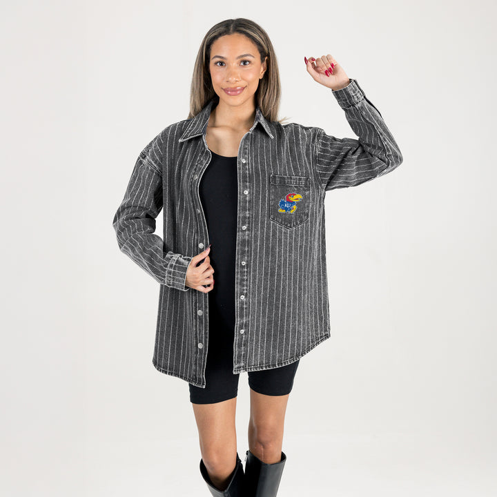 Kansas Jayhawks Micro Rhinestone Stripe Denim Overshirt