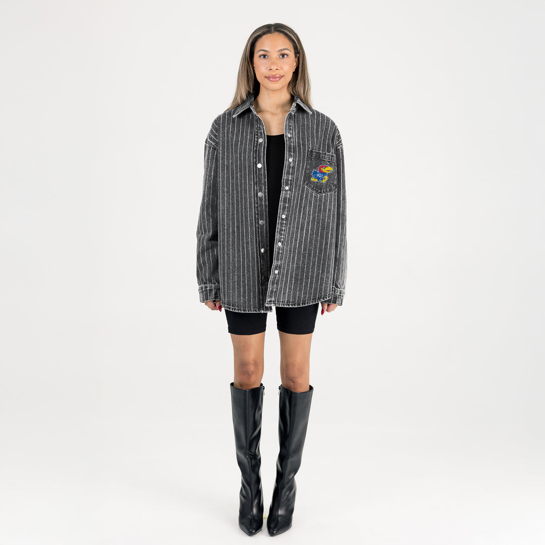 Kansas Jayhawks Micro Rhinestone Stripe Denim Overshirt