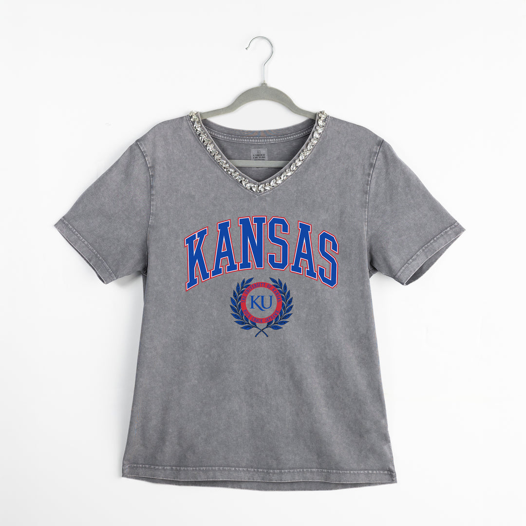 Kansas Jayhawks Jeweled Rhinestoned V-Neck Tee