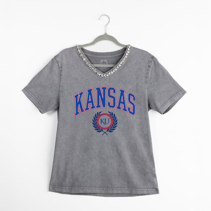 Kansas Jayhawks Jeweled Rhinestoned V-Neck Tee
