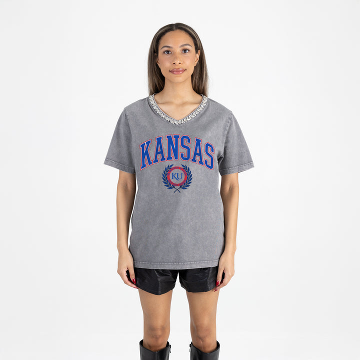 Kansas Jayhawks Jeweled Rhinestoned V-Neck Tee