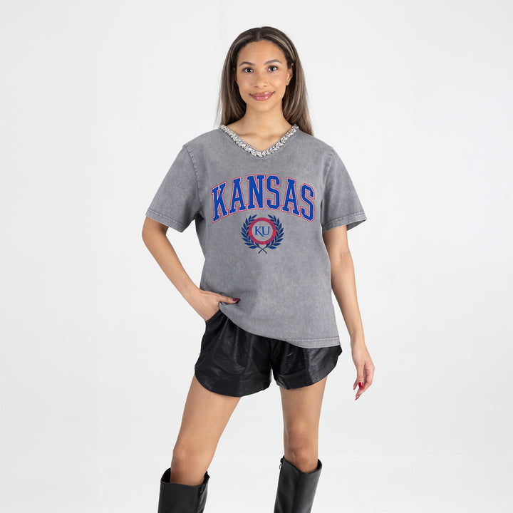 Kansas Jayhawks Jeweled Rhinestoned V-Neck Tee