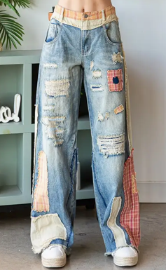 Patch Detail Wide Straight Denim