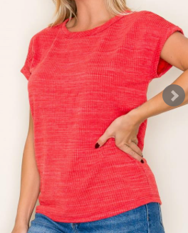 Red Textured Knit S/S Top