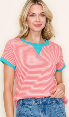 Coral/ Teal Striped S/S