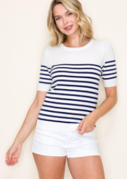 Navy Striped Top w/ Mid Length Sleeves