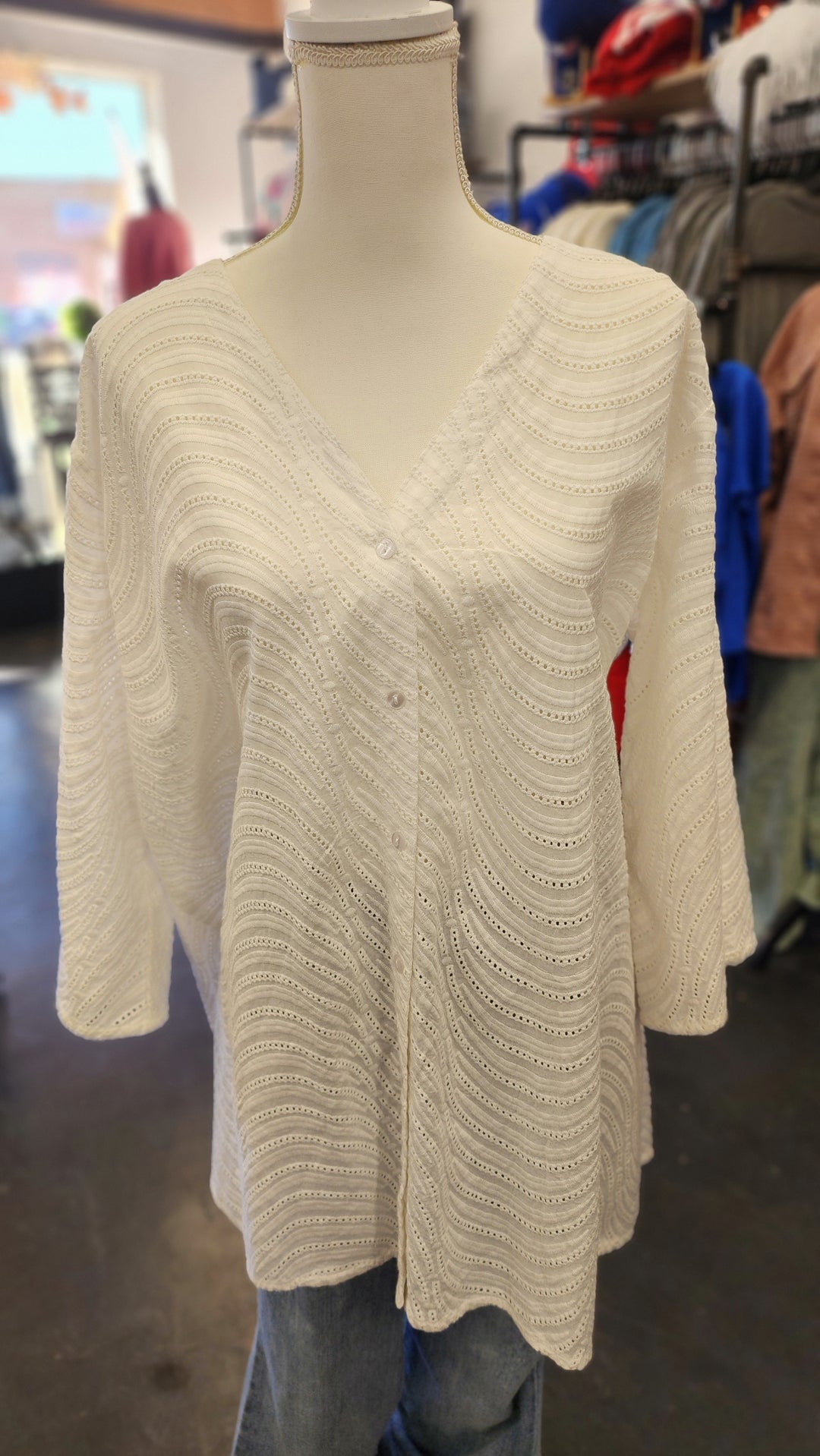 White Eyelet 3/4 Button Up - 4XL